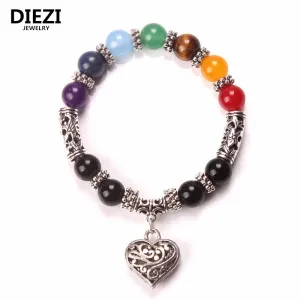 DIEZI Men Women 7 Chakra Bracelets & Bangles Mixed Colors Healing Crystals Stone Chakra Pray Mala Heart Charm Bracelet Jewelry