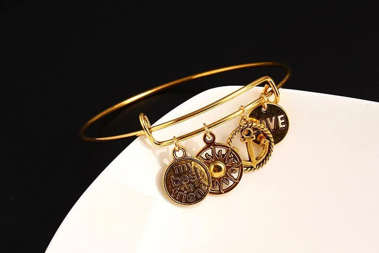 Dragonfly Vintage LOVE Heart Bangle Alloy Trendy Anchor Summer Style Leaf Bangles Best Friends Pendant Fine Jewelry