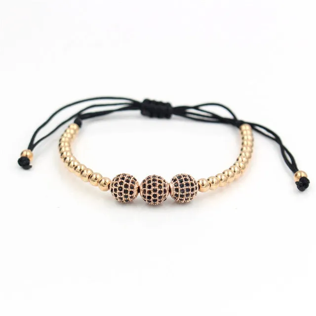 Drop Shipping Gold-Color Anil Arjandas 8mm Pave Setting Black CZ Crystal Copper Ball Bead Weave Braiding Bracelet Gift Jewelry