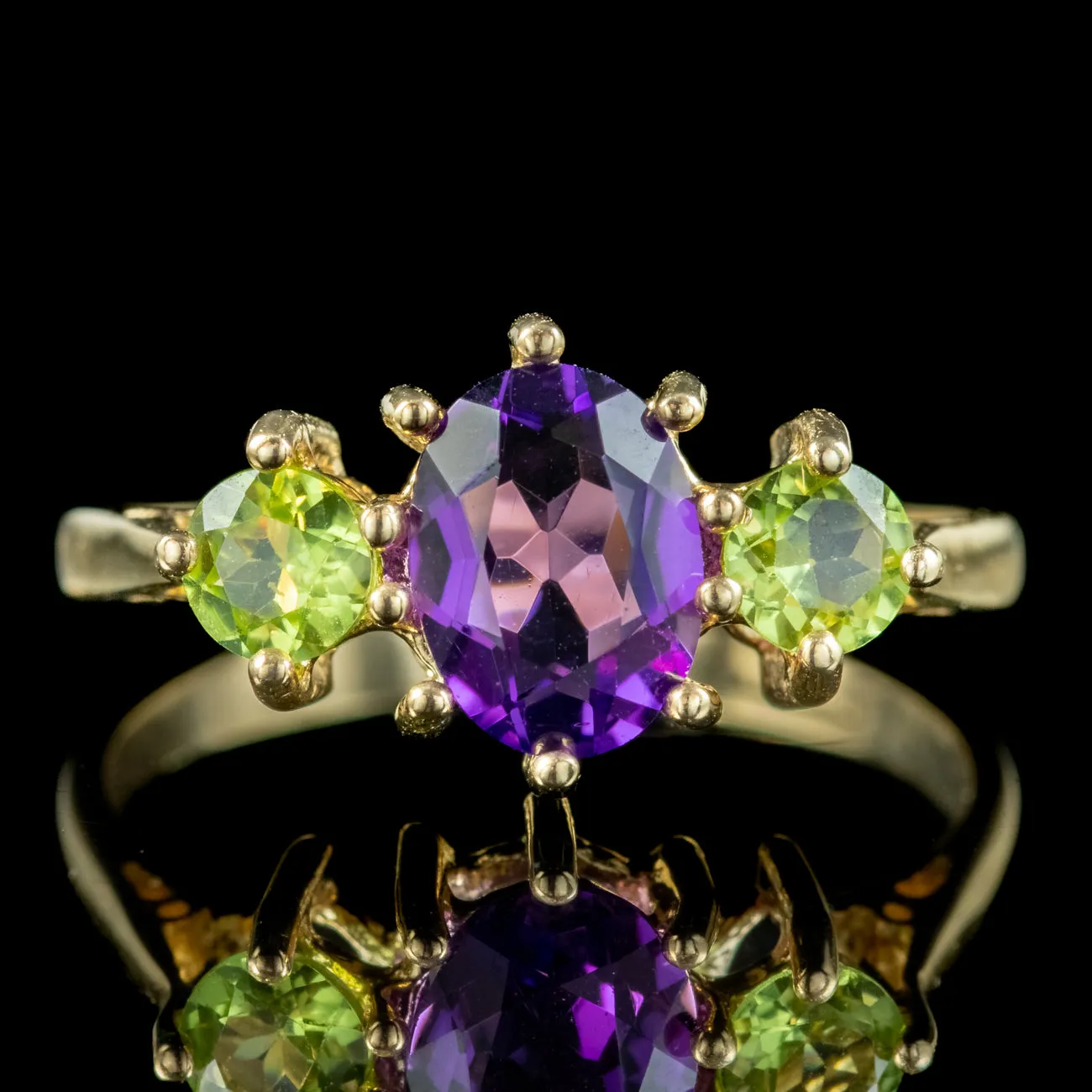 Edwardian Suffragette Style Amethyst Peridot Trilogy Ring 9ct Yellow Gold