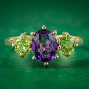 Edwardian Suffragette Style Amethyst Peridot Trilogy Ring 9ct Yellow Gold