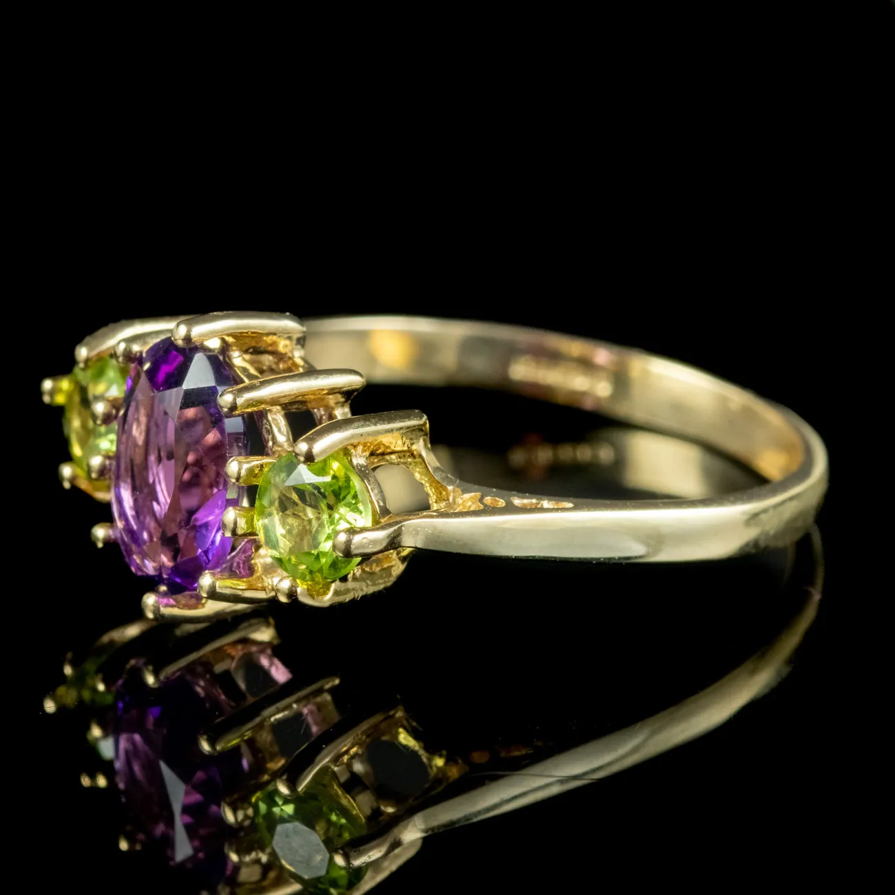 Edwardian Suffragette Style Amethyst Peridot Trilogy Ring 9ct Yellow Gold