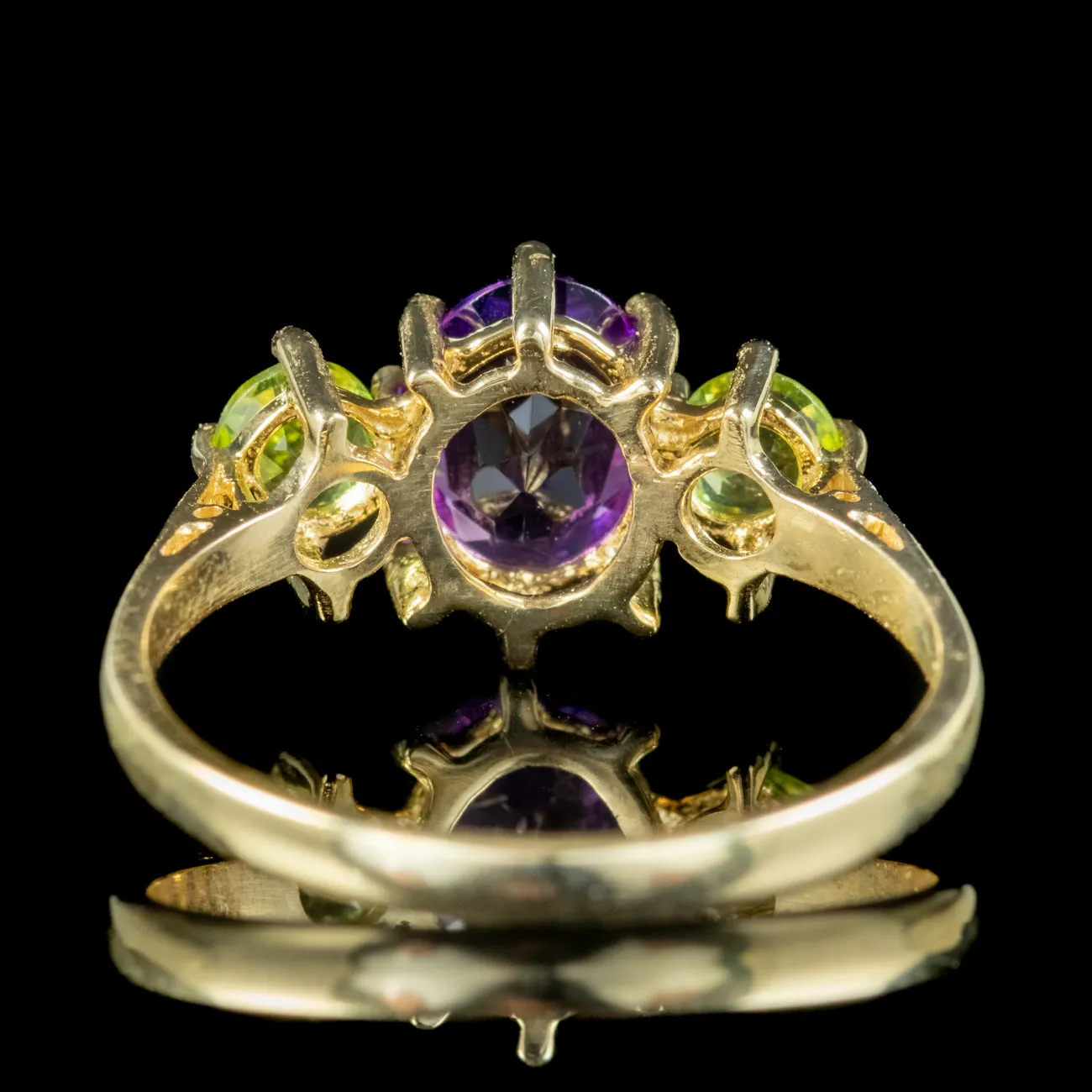 Edwardian Suffragette Style Amethyst Peridot Trilogy Ring 9ct Yellow Gold