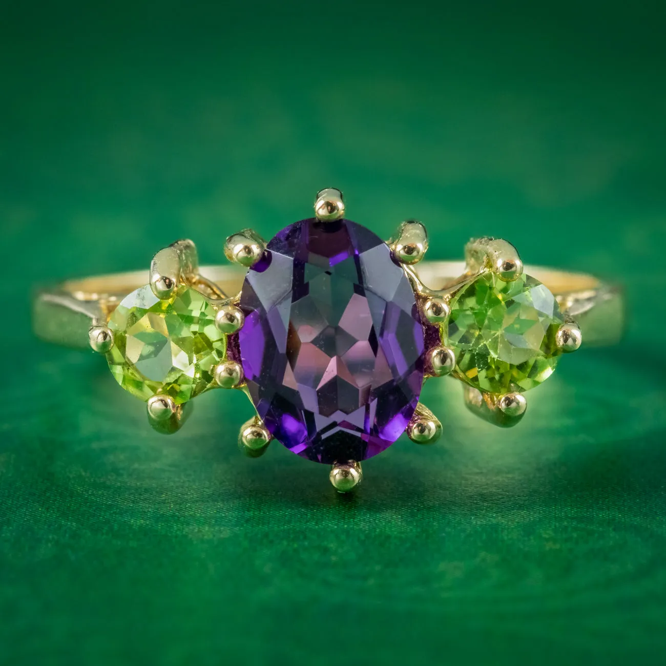 Edwardian Suffragette Style Amethyst Peridot Trilogy Ring 9ct Yellow Gold