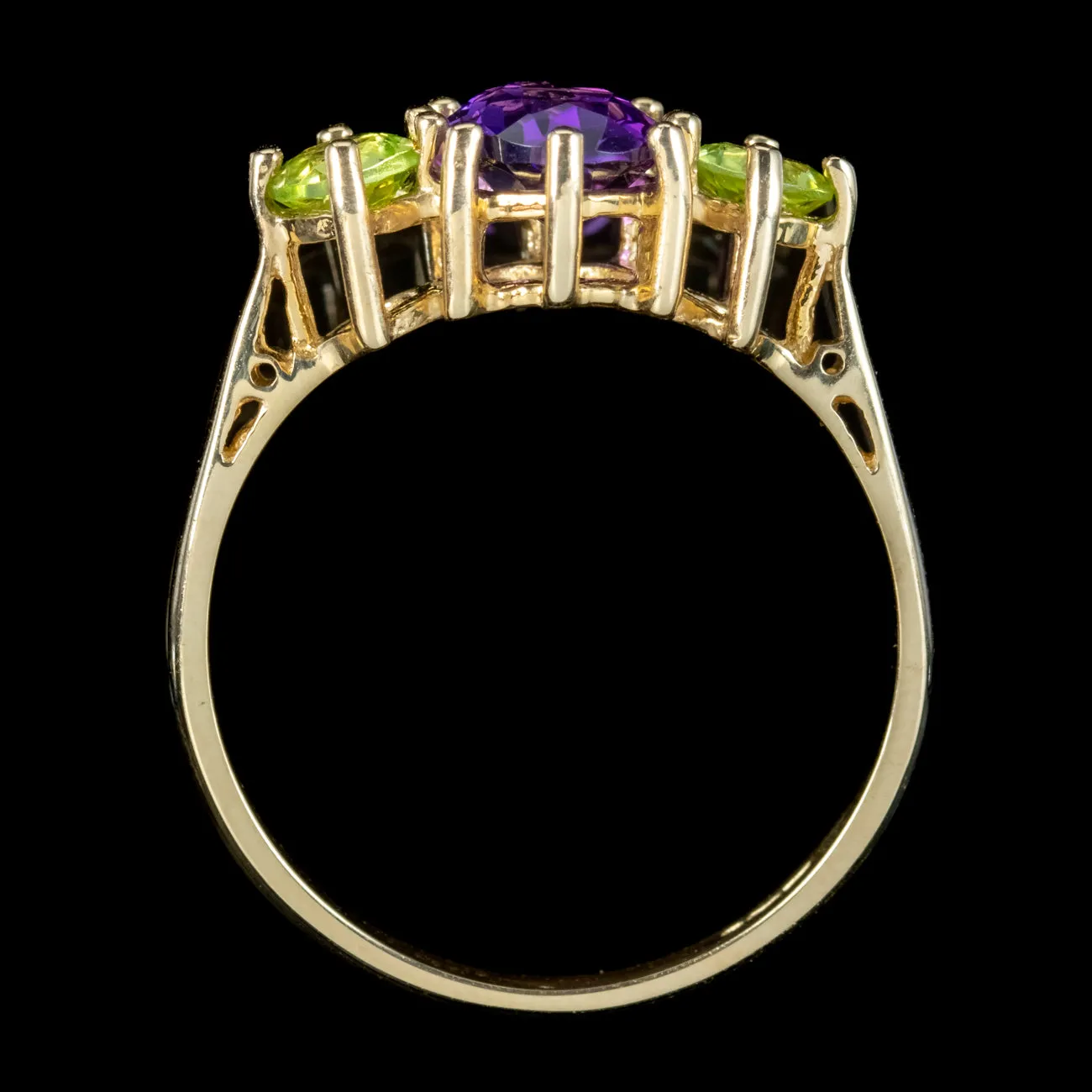 Edwardian Suffragette Style Amethyst Peridot Trilogy Ring 9ct Yellow Gold