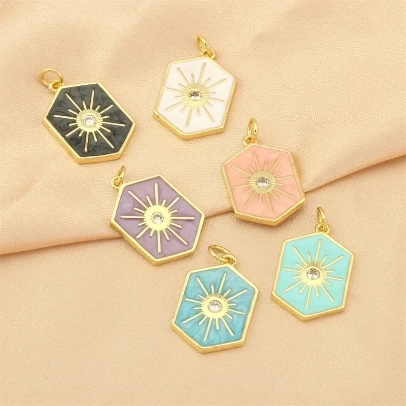 Elegant Commute Hexagram Hexagon Copper Enamel Plating Inlay Zircon 18k Gold Plated Charms Jewelry Accessories