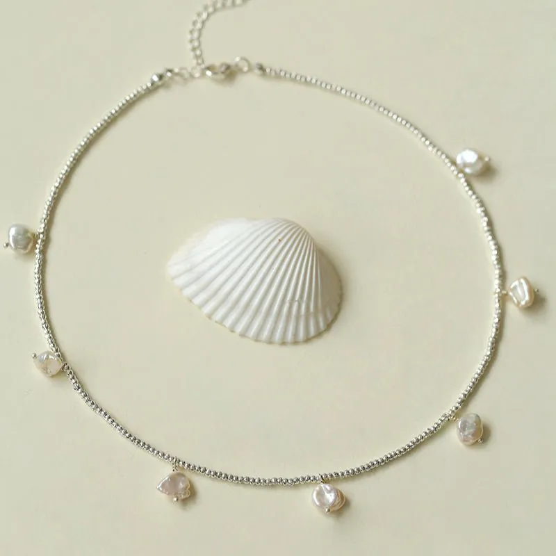 Elegant Natural Silver Beads and Pearl Pendant Necklace