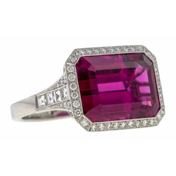 Emerald Cut Rubellite & Diamond Ring