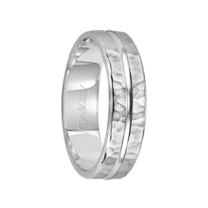 ENTRUST 14k White Gold Wedding Band Flat Hammered Finish Grooved Center Design by Artcarved - 6 mm