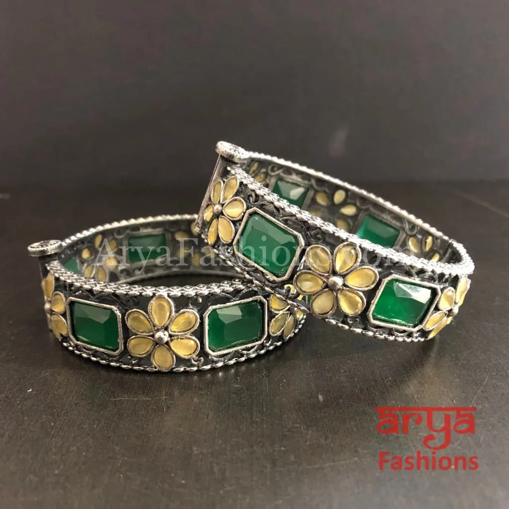 Ethnic Oxidized Silver Bracelet Kada with colored stones