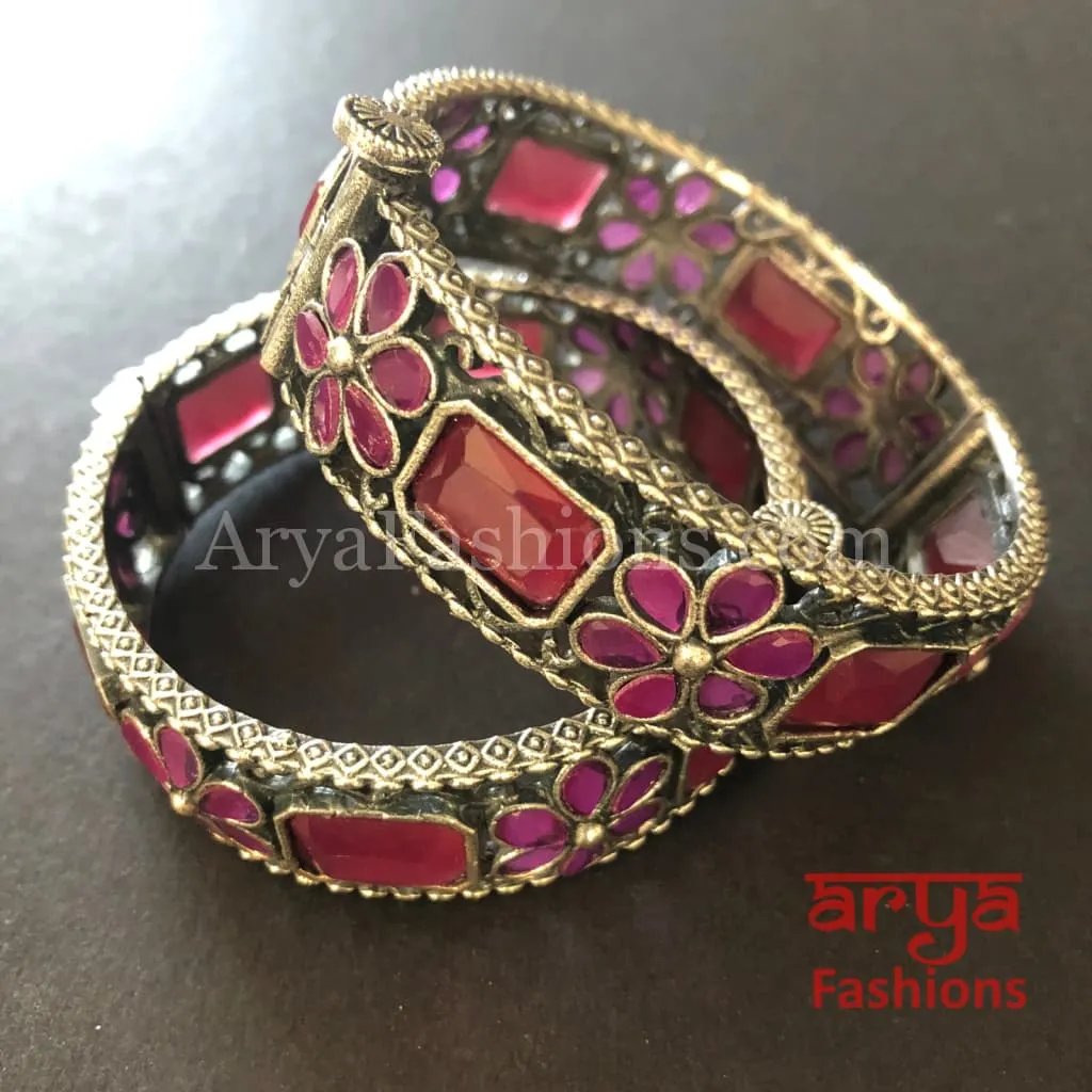 Ethnic Oxidized Silver Bracelet Kada with colored stones