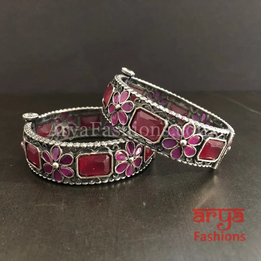 Ethnic Oxidized Silver Bracelet Kada with colored stones