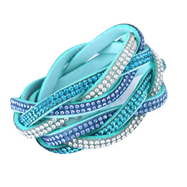 Fashion Rhinestone PU Leather Wrap Bracelet Crystal Multilayer Bracelets Bangles for Women  KQS