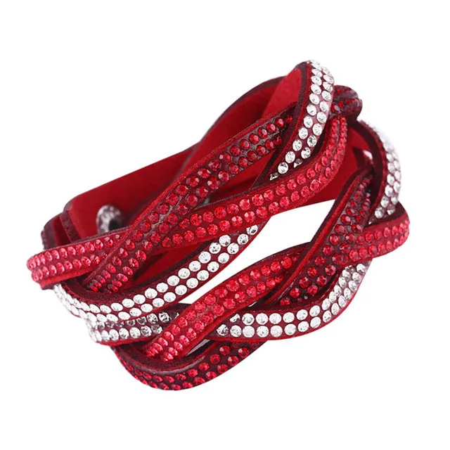 Fashion Rhinestone PU Leather Wrap Bracelet Crystal Multilayer Bracelets Bangles for Women  KQS