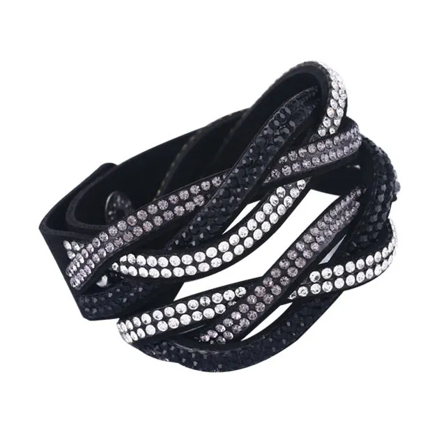 Fashion Rhinestone PU Leather Wrap Bracelet Crystal Multilayer Bracelets Bangles for Women  KQS