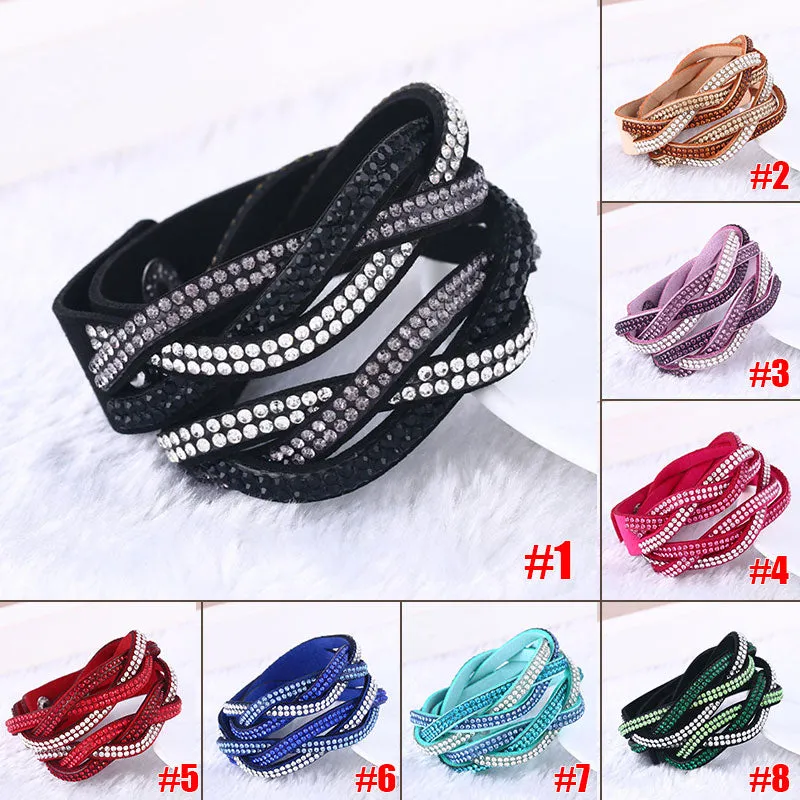 Fashion Rhinestone PU Leather Wrap Bracelet Crystal Multilayer Bracelets Bangles for Women  KQS