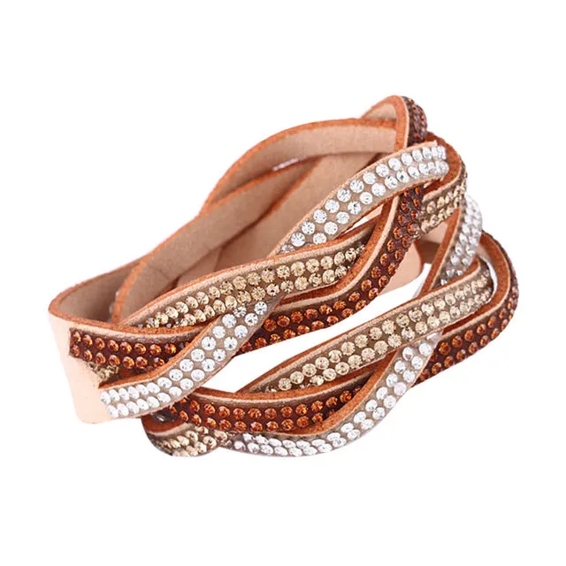 Fashion Rhinestone PU Leather Wrap Bracelet Crystal Multilayer Bracelets Bangles for Women  KQS