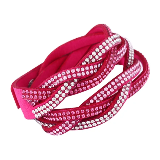 Fashion Rhinestone PU Leather Wrap Bracelet Crystal Multilayer Bracelets Bangles for Women  KQS