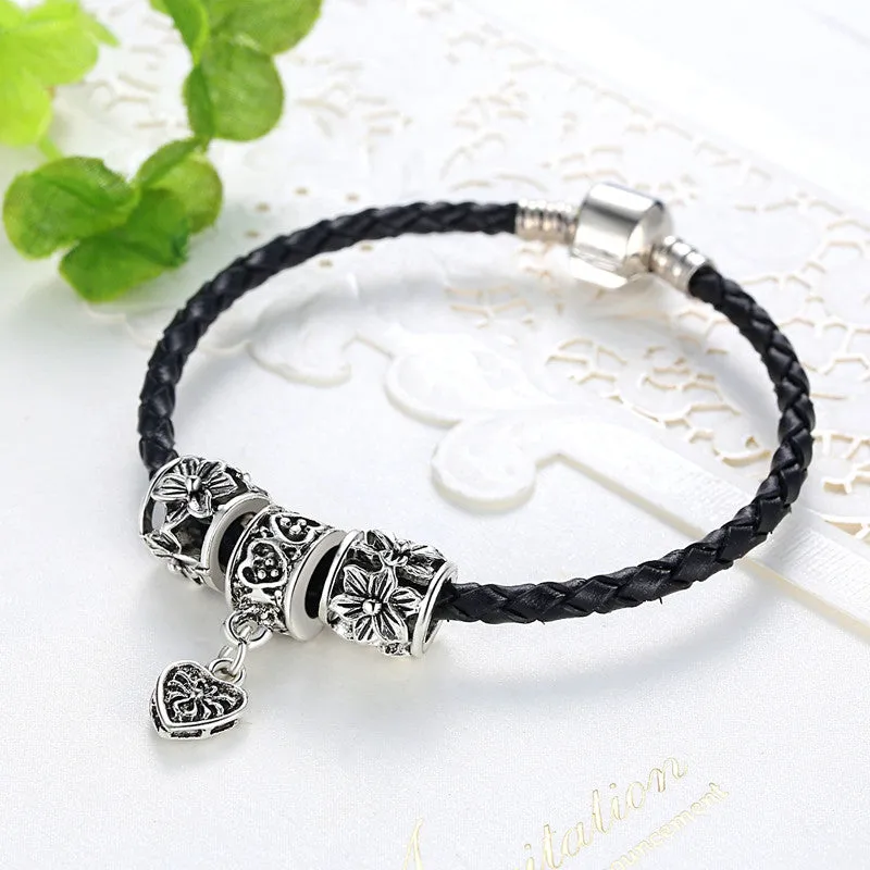 Fashion Silver Plated Leather Bracelet For Women Men Charm Fit Original Bracelets & Bangles DIY Jewelry