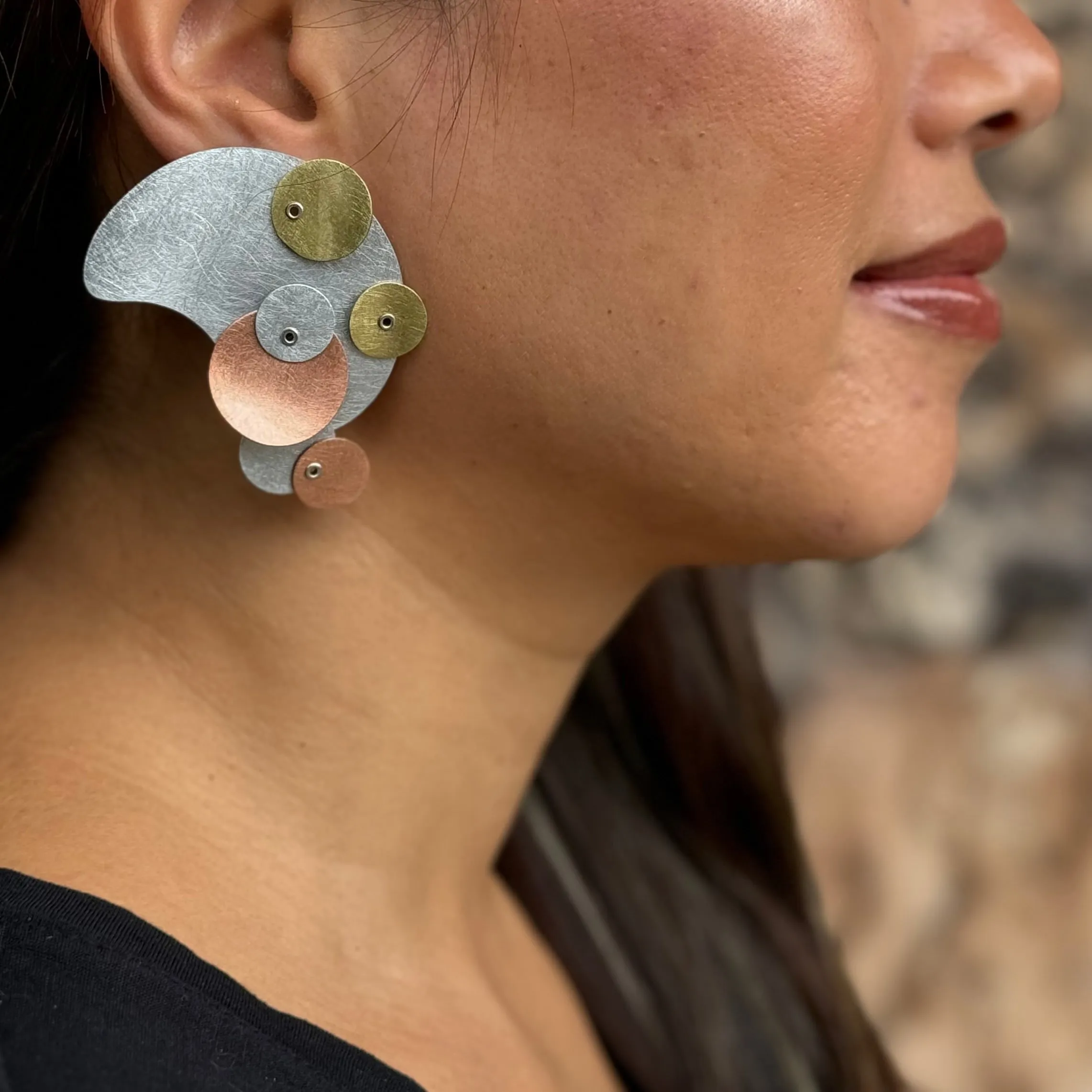 FLOAT 1 Striking Tri Metal Statement Earrings from BUBBLES