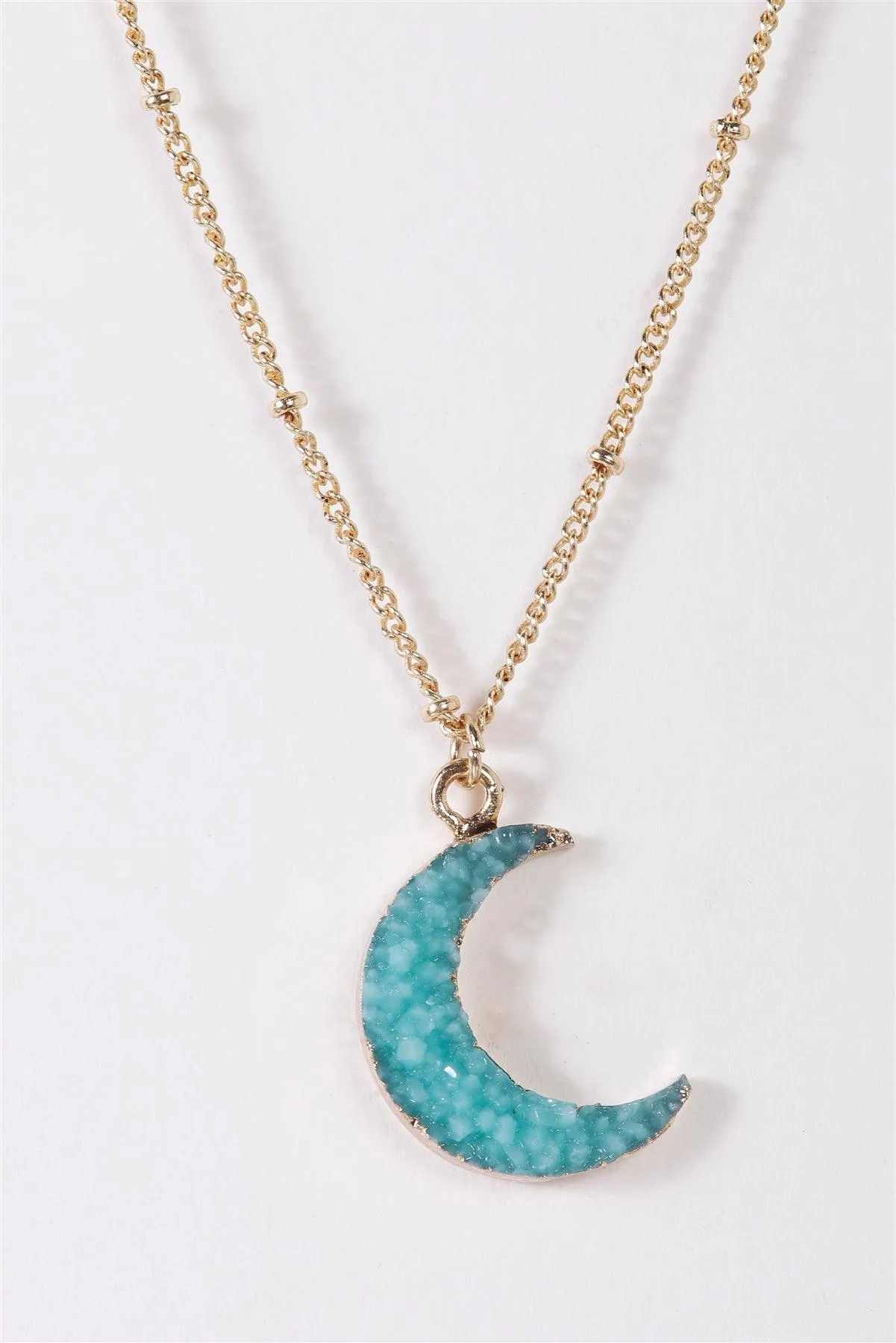 Gold Double Ball Curb Moon Amazonite Crystal Stars Charms Necklace