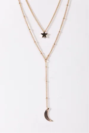 Gold Double Chain Moon & Star Pendants Necklace