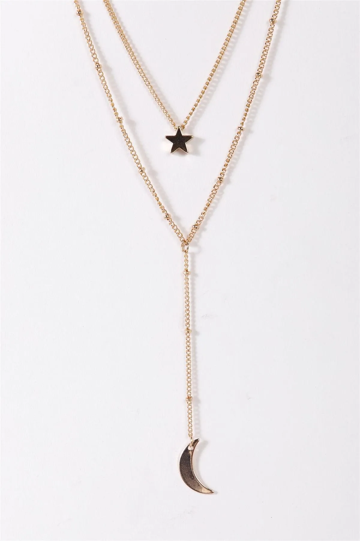 Gold Double Chain Moon & Star Pendants Necklace