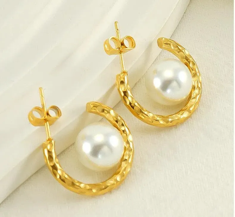 Gold Hoop Earrings with Simulated Pearl – Modern Geometric Drop Earrings