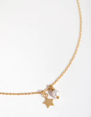 Gold Plated Sterling Silver Pearl & Star Charm Necklace