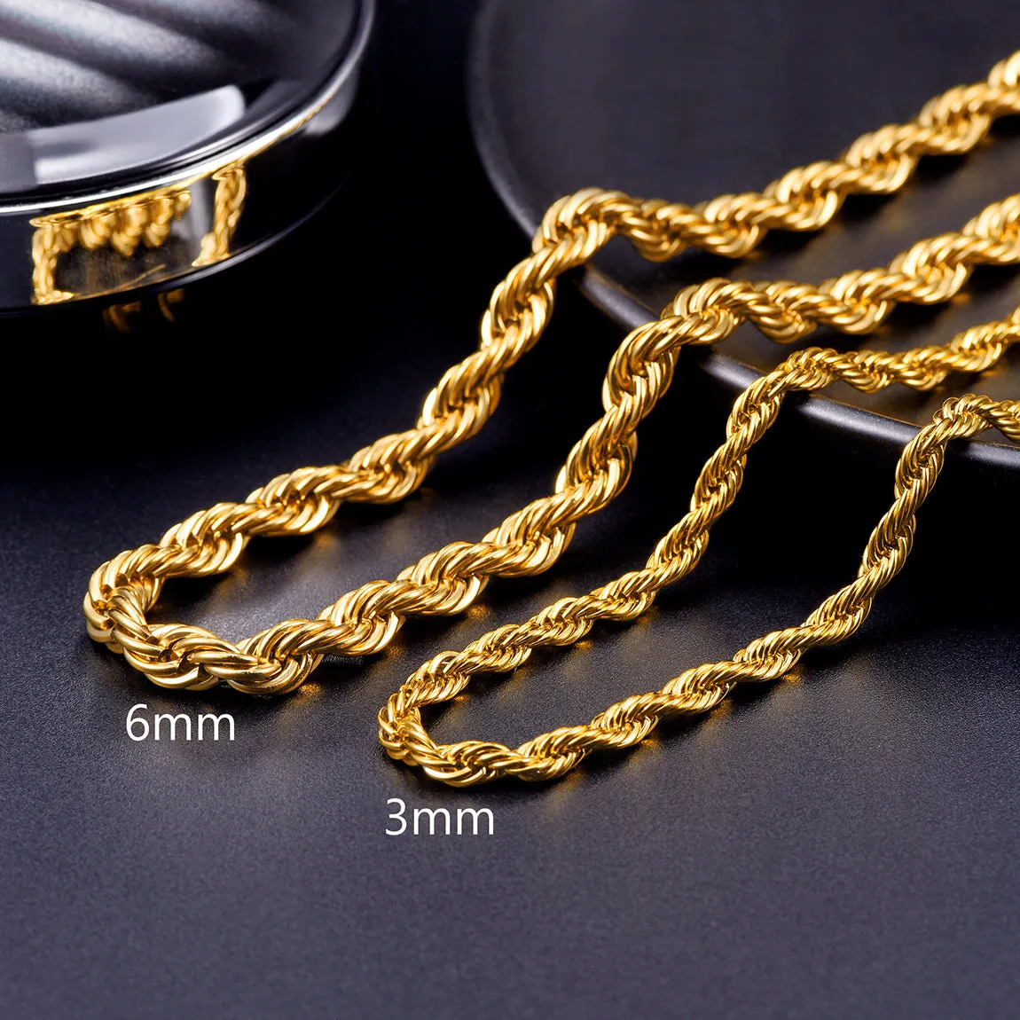 Gold Rope Chain Necklace for Men Stainless Steel, 3MM/6MM