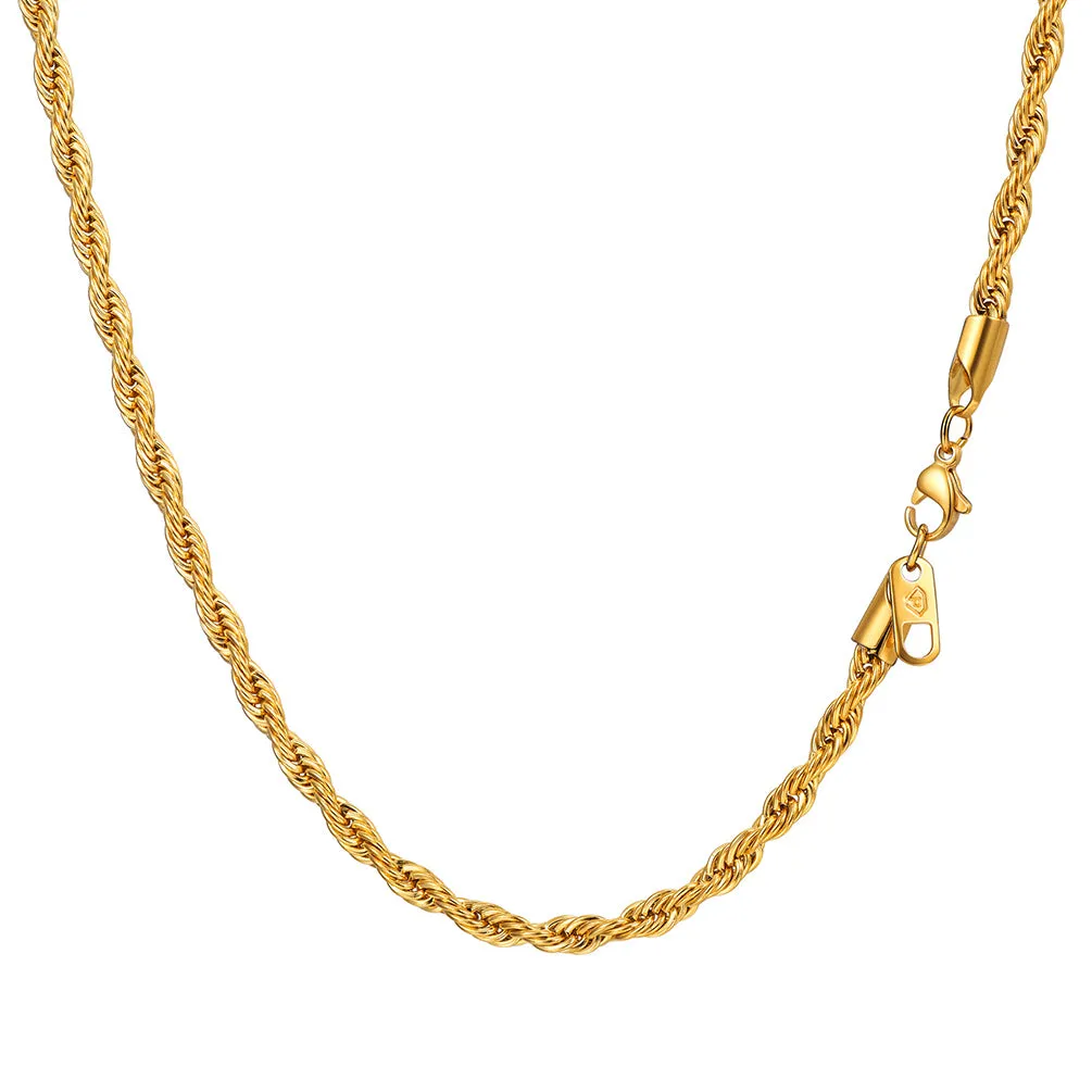 Gold Rope Chain Necklace for Men Stainless Steel, 3MM/6MM