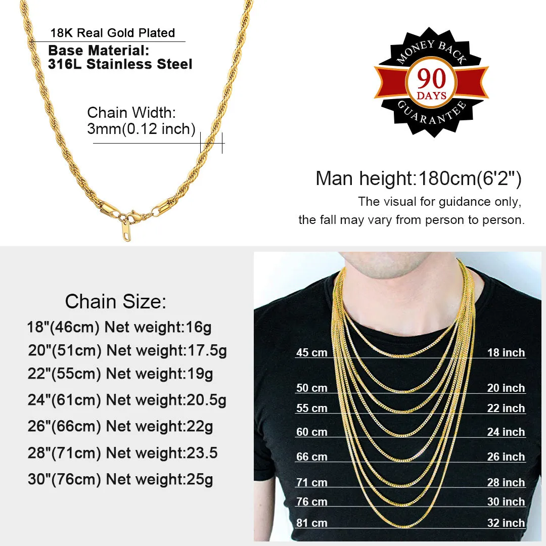 Gold Rope Chain Necklace for Men Stainless Steel, 3MM/6MM