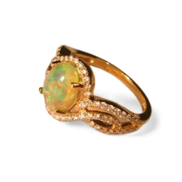 Gorgeous 14K Yellow Gold Ethiopian Opal Diamond Filigree Cocktail Ring