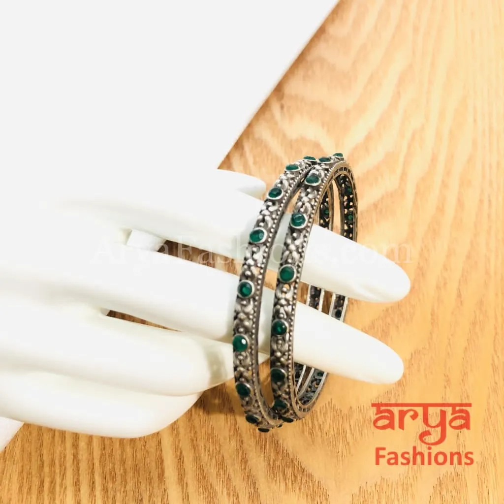 Green Silver Oxidized Bangles with emerald green stones, Pair of 2 Bangles