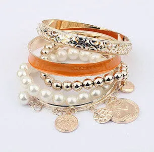 Jewelry Simulated Pearl Coins Element Avatar Statement Charm Multilayer  Bracelet For Women