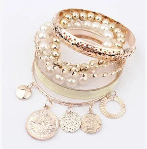 Jewelry Simulated Pearl Coins Element Avatar Statement Charm Multilayer  Bracelet For Women