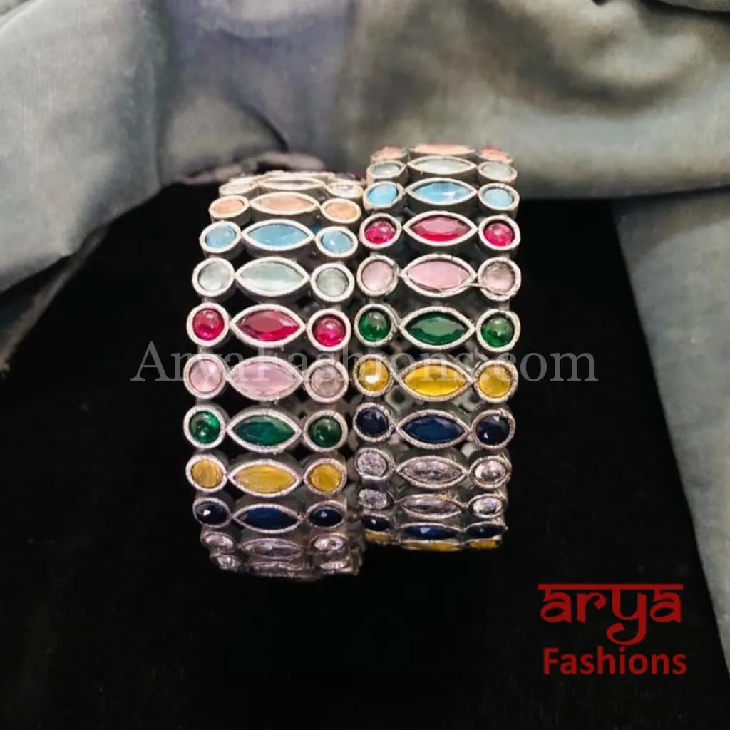 Kashvi Silver Oxidized Bracelet Bangles with Multicolor Stones