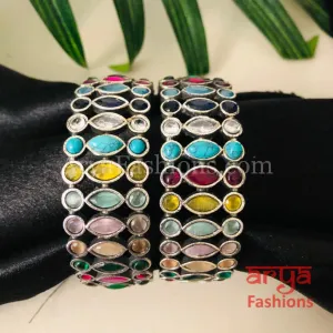 Kashvi Silver Oxidized Bracelet Bangles with Multicolor Stones