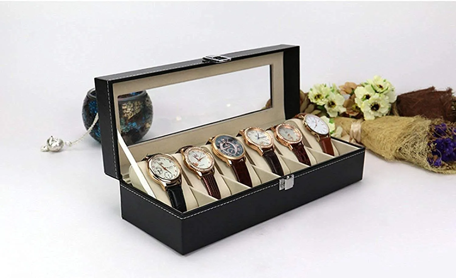 KriShyam® Wrist Watch Storage Box Display Case Organizer of Faux Leather Finish with Glass Window 6 Slot 30x8x11 cm