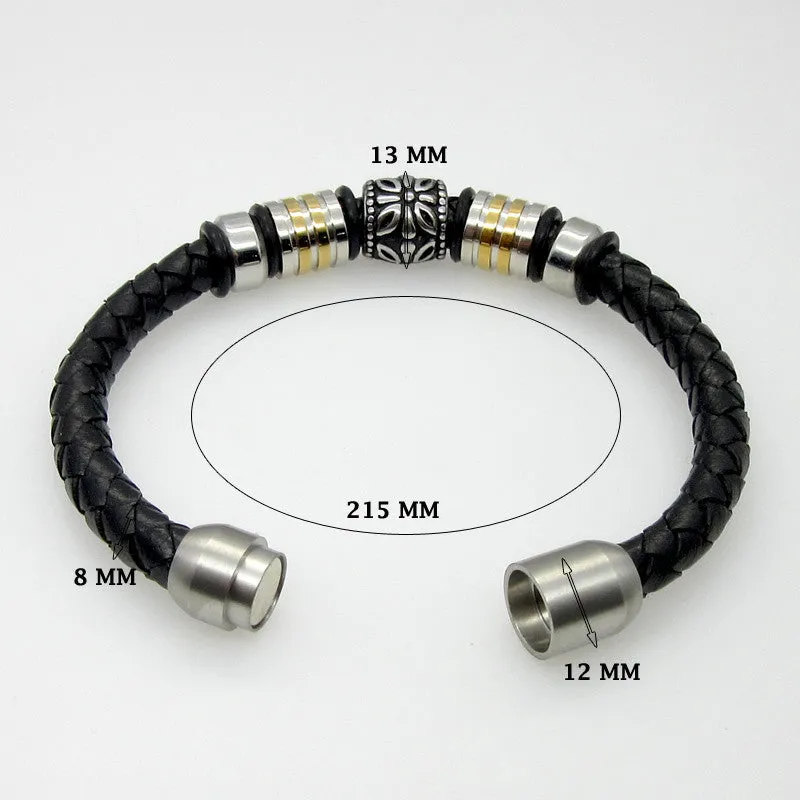 Latest Design 316L Stainless Steel Bracelets Bangles Mens Gift Black Leather Knitted Magnetic Clasp Bracelet Men Jewelry