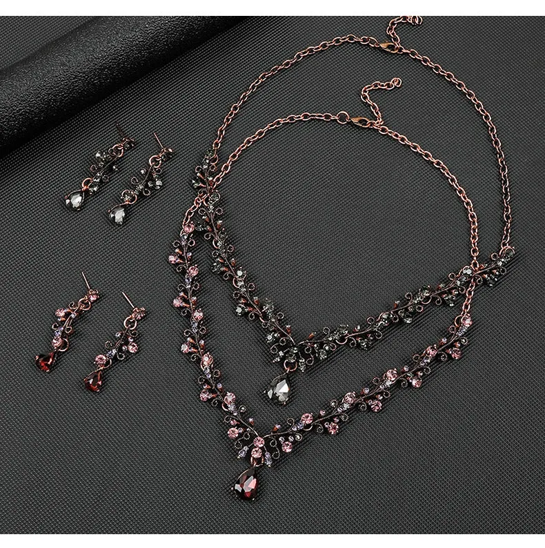 Leaf & Water Drop Gemstone Necklace & Collarbone Chain Vintage Jewelry Set For Women