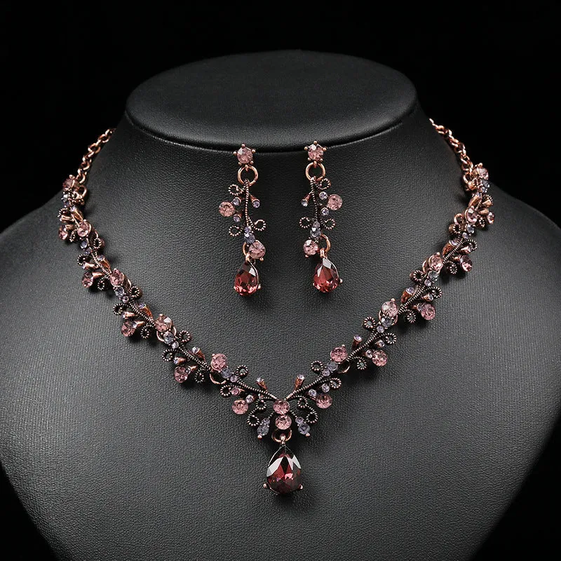 Leaf & Water Drop Gemstone Necklace & Collarbone Chain Vintage Jewelry Set For Women