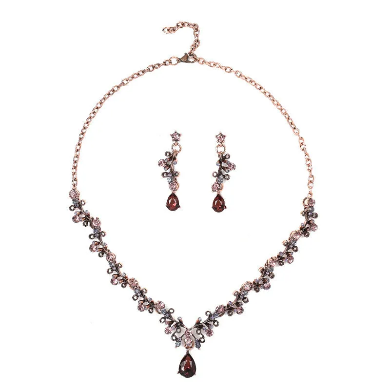 Leaf & Water Drop Gemstone Necklace & Collarbone Chain Vintage Jewelry Set For Women