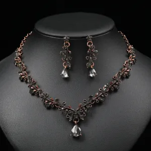 Leaf & Water Drop Gemstone Necklace & Collarbone Chain Vintage Jewelry Set For Women