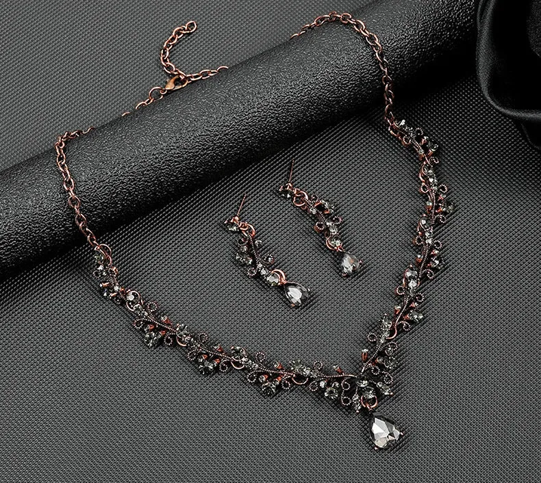 Leaf & Water Drop Gemstone Necklace & Collarbone Chain Vintage Jewelry Set For Women