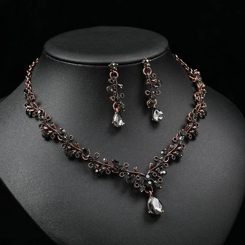 Leaf & Water Drop Gemstone Necklace & Collarbone Chain Vintage Jewelry Set For Women