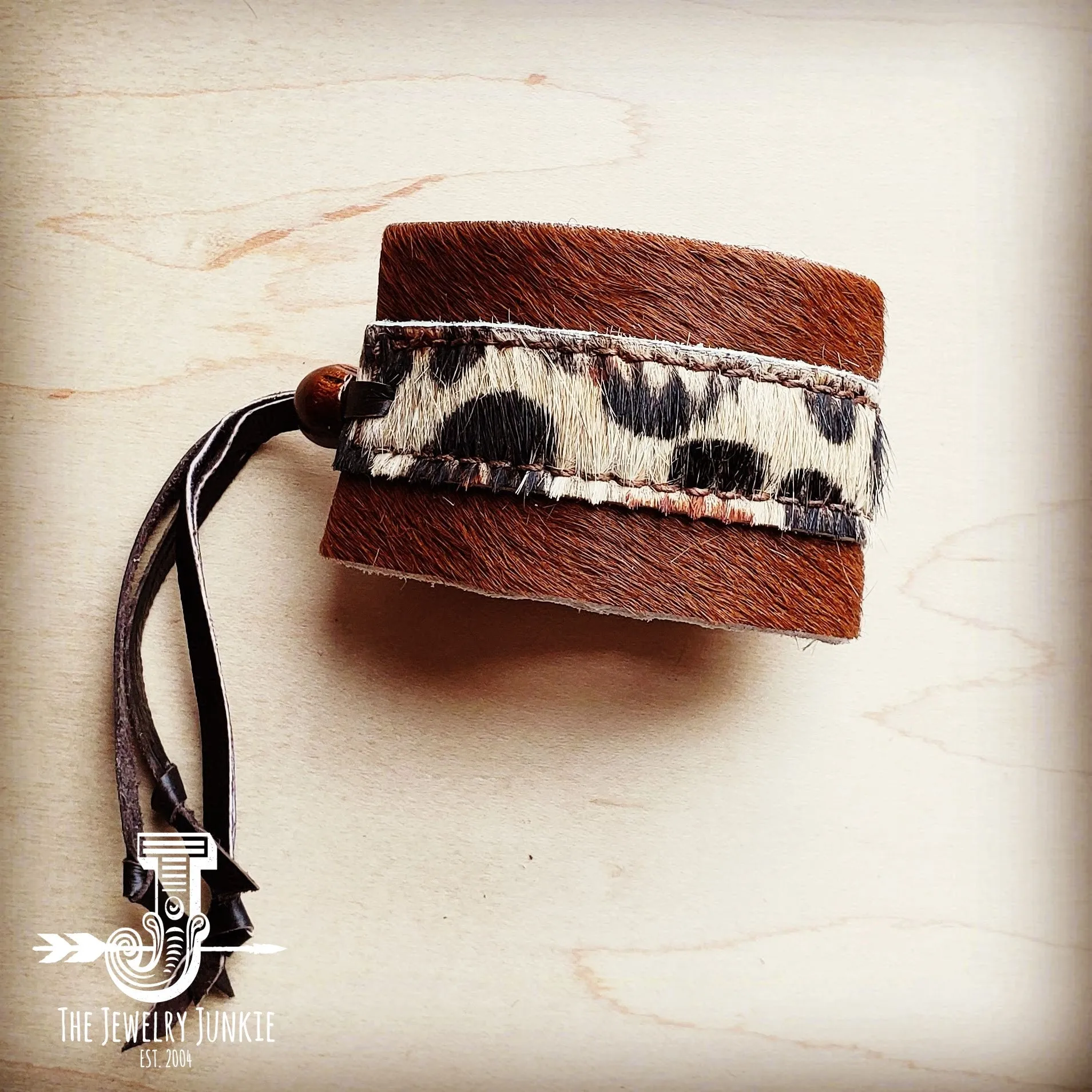 **Leather Cuff w/ Adjustable Leather Tie-Leopard Hair on Hide 009o