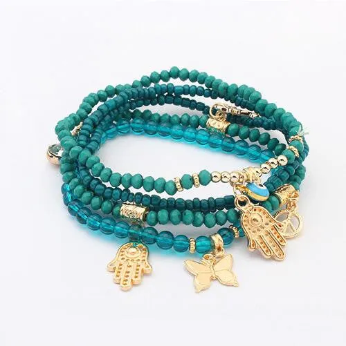 Lucky Kabbalah Fatima Hamsa Hand Blue Evil Eye Charms Bracelets & Bangles Multilayer Beads Turkish Pulseras For Women