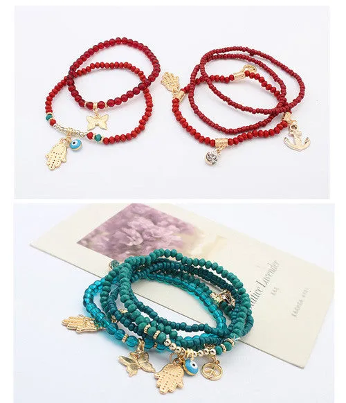 Lucky Kabbalah Fatima Hamsa Hand Blue Evil Eye Charms Bracelets & Bangles Multilayer Beads Turkish Pulseras For Women