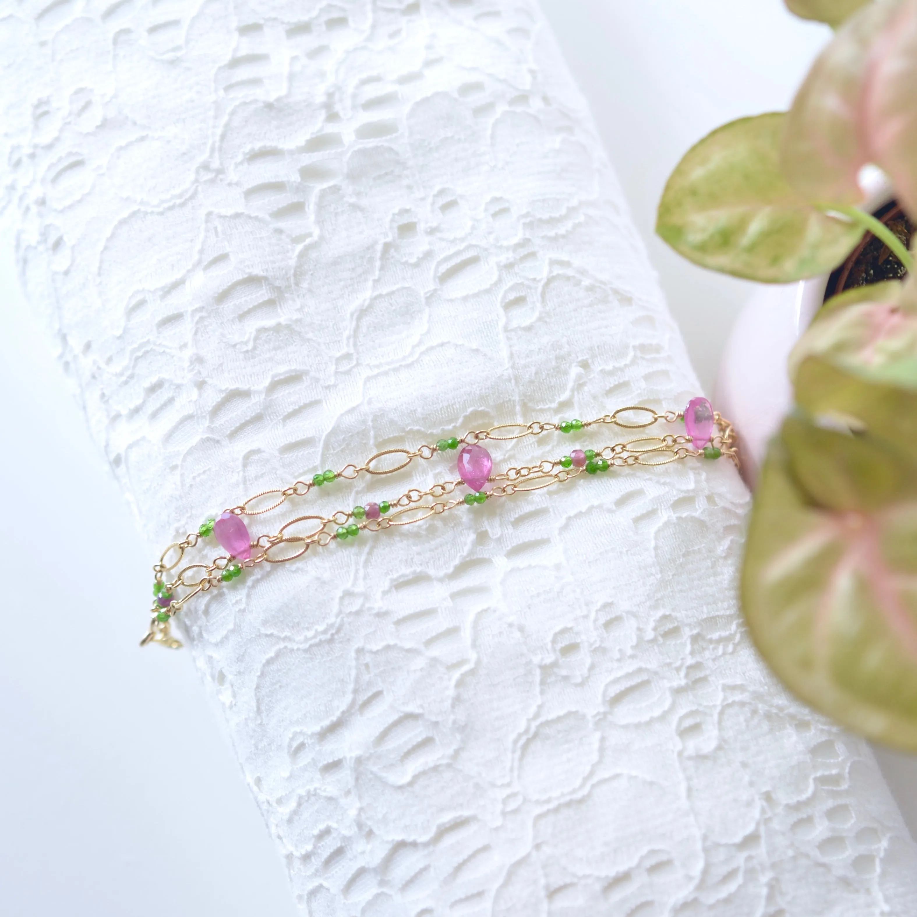 Magdalena - Pink Sapphires, Chrome Diopside 14k Gold Filled Bracelet